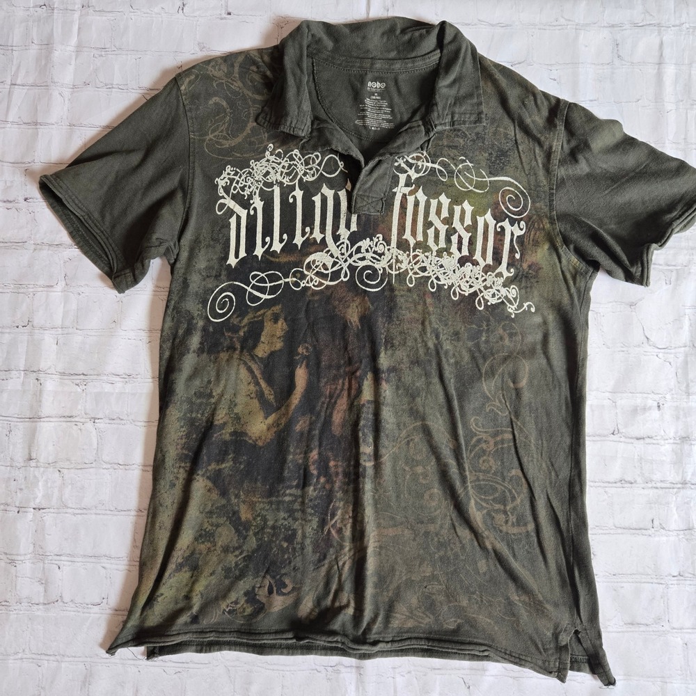 Y2k NoBo Mens M Olive Green Gothic art Graphic Polo Shirt Y2K Grunge Aesthetic
